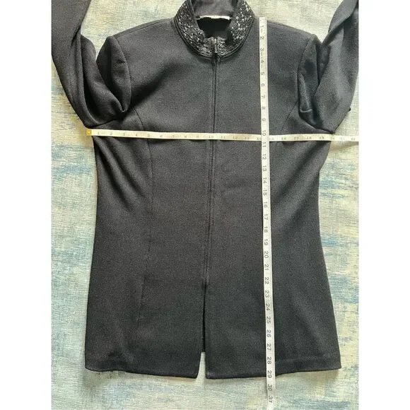 Vintage St John Black Santana Knit Zip Front High Braid Collar Blazer Women's 12